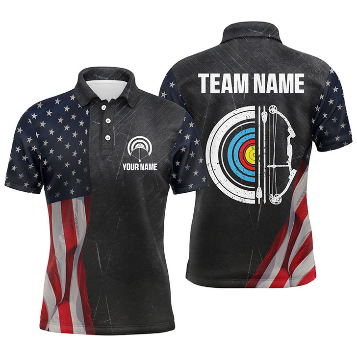 FUNSTUFFPRINT Personalized Retro US Flag Archery Polo Shirts For Men Custom Patriotic Archery Jersey For Archer, Polo Shirt Size S-5XL