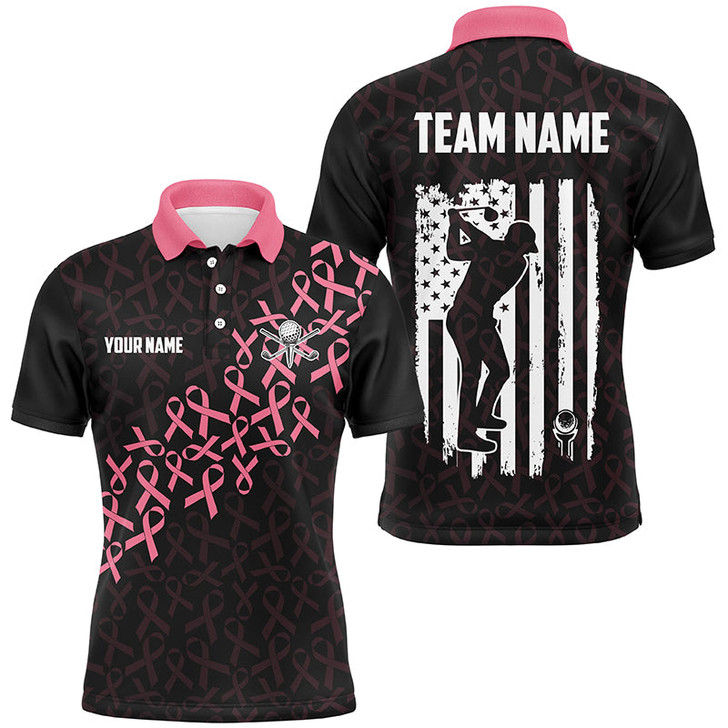 FUNSTUFFPRINT Pink ribbons Breast Cancer Awareness Mens golf polo shirts custom American Flag golf apparel for mens  Polo Shirt Size S-5XL
