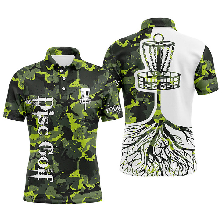 FUNSTUFFPRINT Mens disc golf polo shirt custom name green camo disc golf basket, personalized disc golf shirts , Polo Shirt Size S-5XL