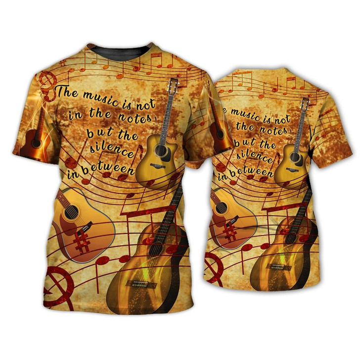 FUNSTUFFPRINT Guitar The Music Is In The Silence 3D Tshirt, 3D All Over Print Guitar Shirt 3D T-shirt