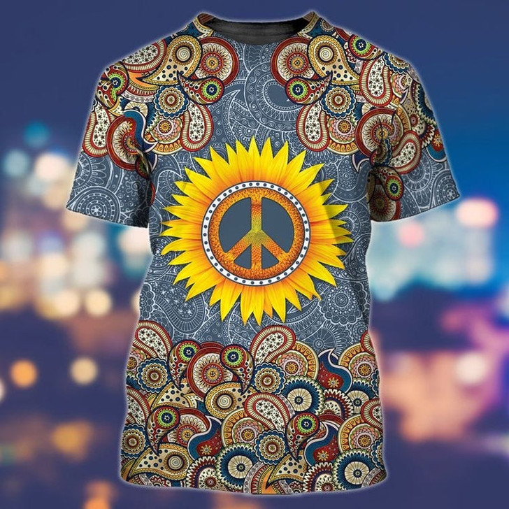 FUNSTUFFPRINT 3D All Over Print Peace Hippie Shirts, Sunflower Hippie Peace Tshirt, Hipster Shirts, Vintage Hippie Shirt 3D T-shirt