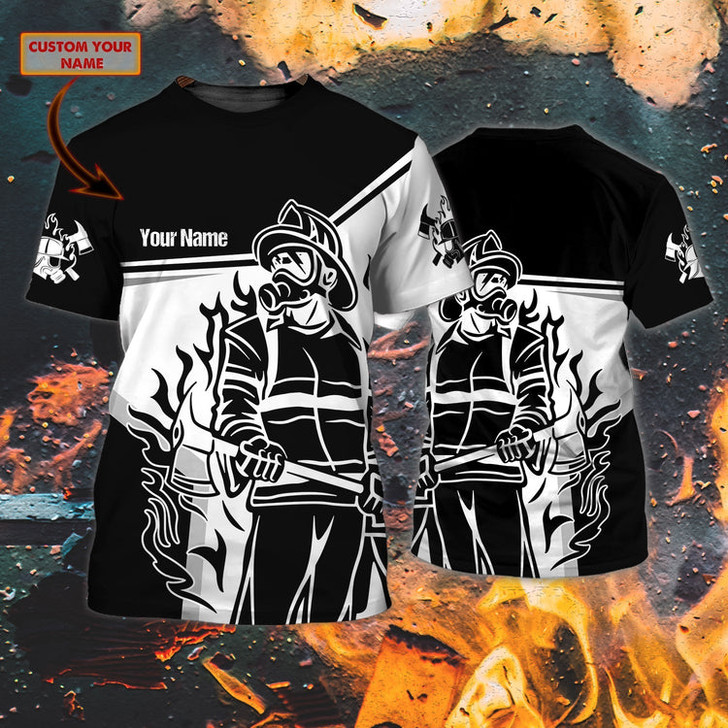 FUNSTUFFPRINT Custom Name Black Sublimation Fire Men Shirt, Firefighter Job T Shirt, Firefighter Husband Gifts 3D T-shirt