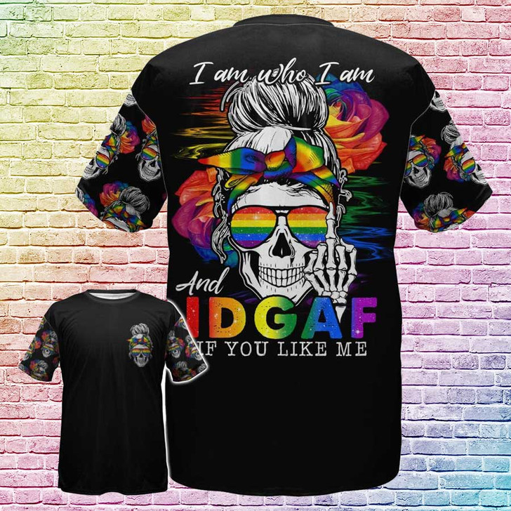 FUNSTUFFPRINT Skull Lesbian Shirt For Pride Month, I Am Who I Am And Idgarf if You Like Me, Gay Pride Shirt 3D T-shirt