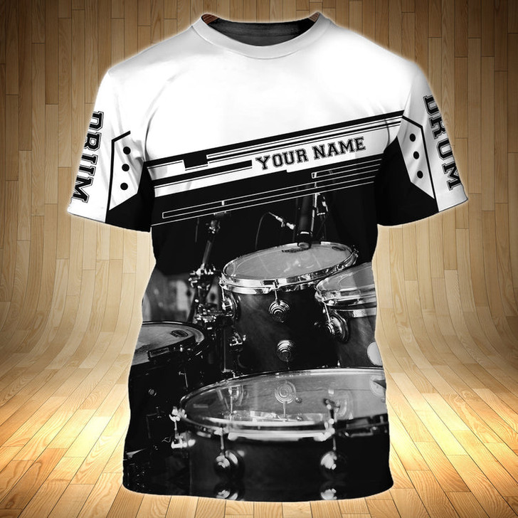 FUNSTUFFPRINT Personalized With Name 3D Shirt Drum Black And White For Drummer, Sublimation Shirts For Drum Lover 3D T-shirt