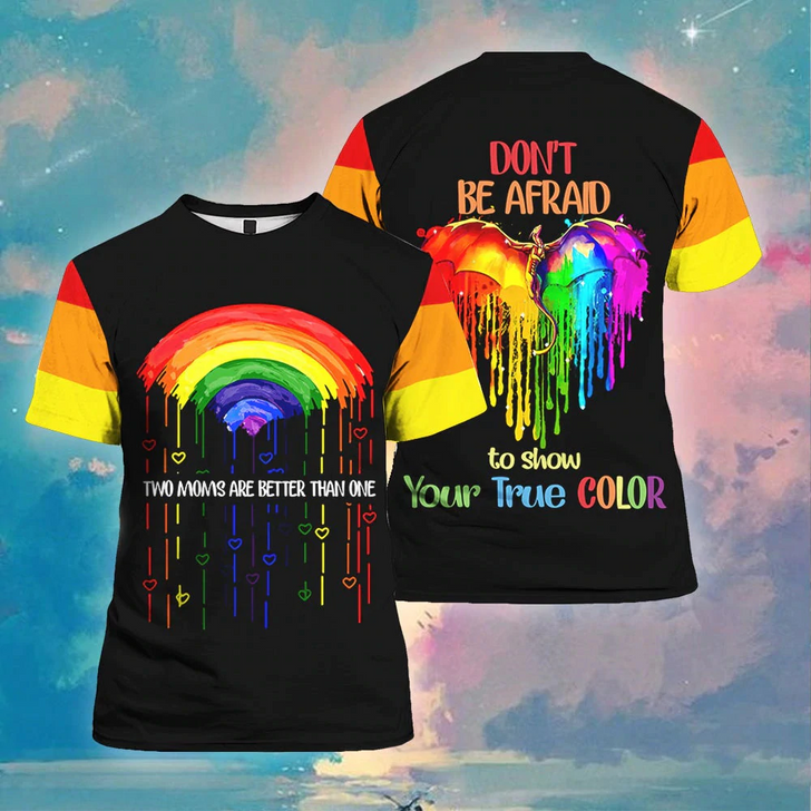 FUNSTUFFPRINT LGBT Rainbow Shirt, Two Moms Are Better Than One, Pride 3D T Shirt 3D T-shirt