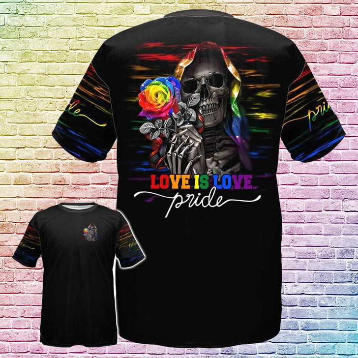 FUNSTUFFPRINT LGBT Skull Pride Rose Love Is Love 3D, LGBT Gift For Her LGBT Gift For Him, Shirt For Pride 3D T-shirt