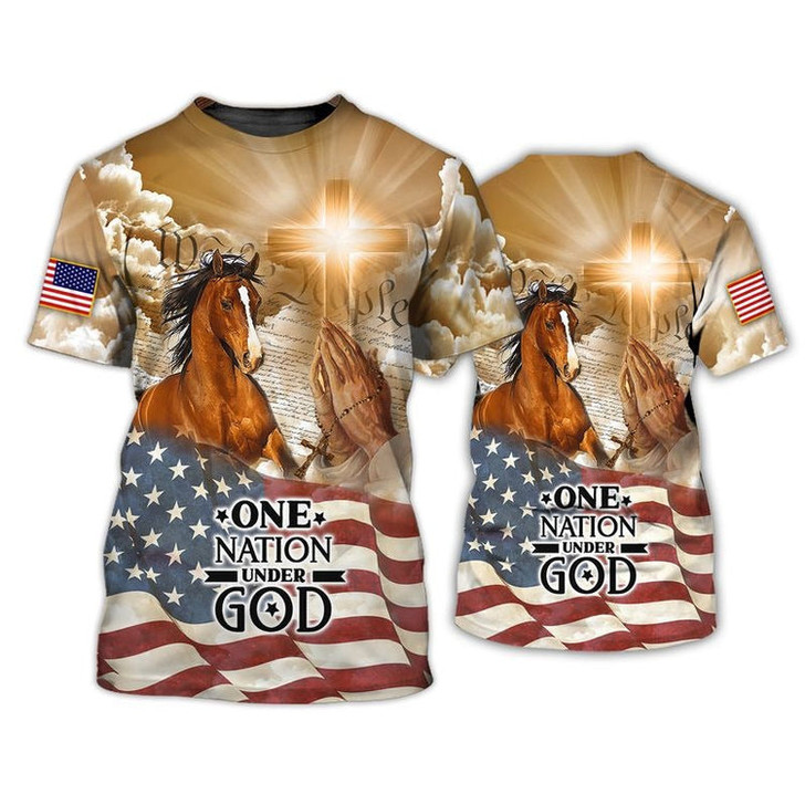 FUNSTUFFPRINT American Horse All Over Print 3D T Shirt, One Nation Under God Patriotic 4Th Of July 3D Hawaiian Shirt 3D T-shirt