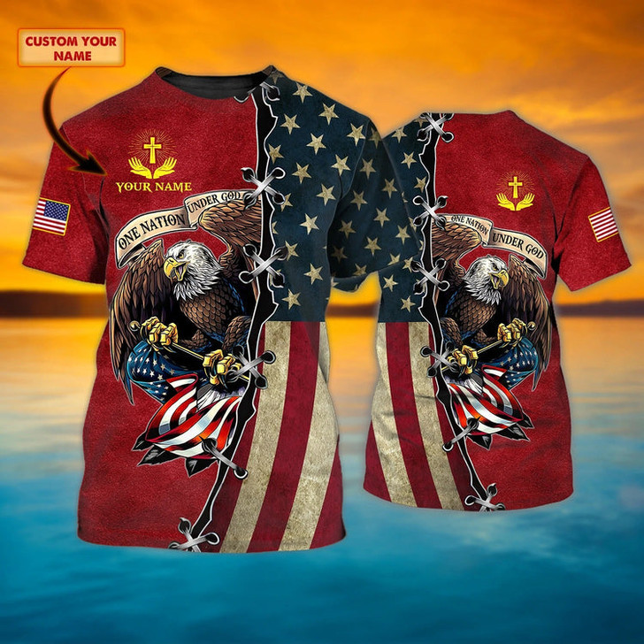 FUNSTUFFPRINT Personalized Jesus Eagle 3D Full Print Shirt 4Th Of July American Independence Day 3D Shirts With Name 3D T-shirt