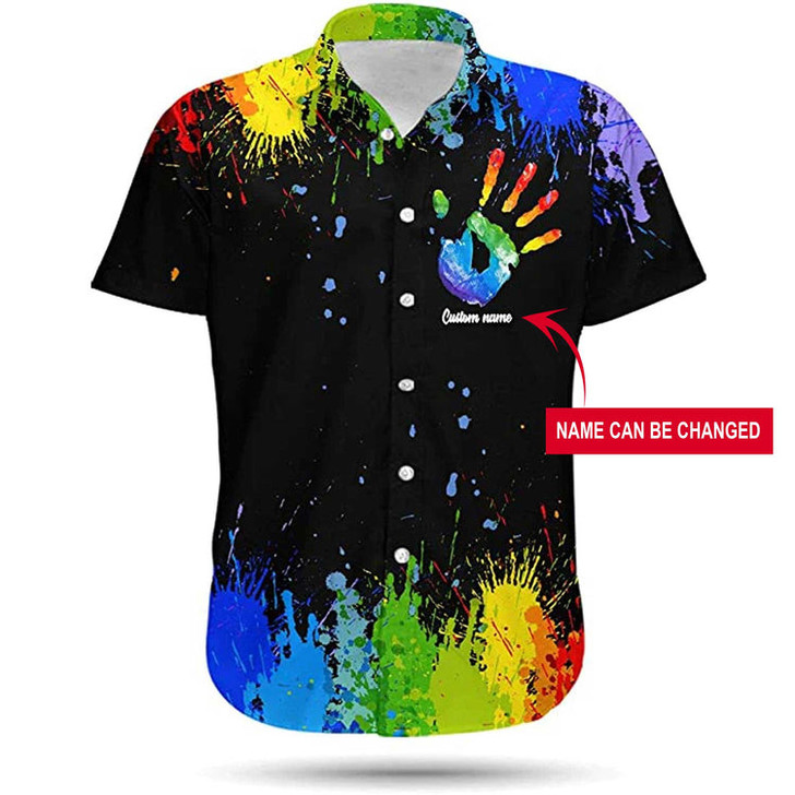 Custom LGBT Custom Name Aloha Hawaiian Shirts For Summer, Personalized Hand Rainbow Paint Colorful LGBT Hawaiian Shirts