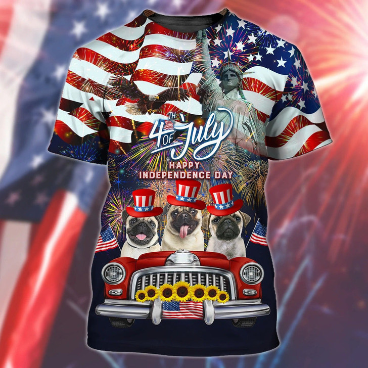 FUNSTUFFPRINT Pug American Hawaiian Shirt - Independence Day Is Coming- 3D Full Print Hoodie Bomber 4Th Of July Tee Shirts 3D T-shirt