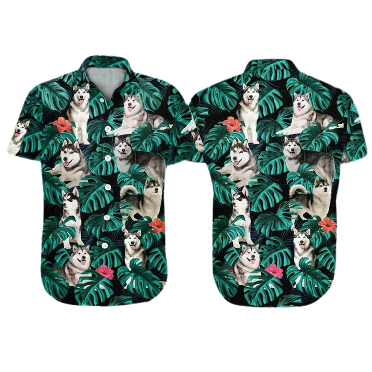 usky Dog Aloha Hawaiian Shirt - Funny Husky Dog Pet Hawaiian Shirt, Tropical Leaves Pattern Hawaiian Shirt For Men