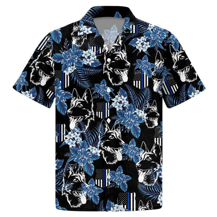 Thin Blue Line Hawaiian Shirt German Shepherd Police Seamless Pattern Hawaiian Shirt, Hawaiian Shirt For Men