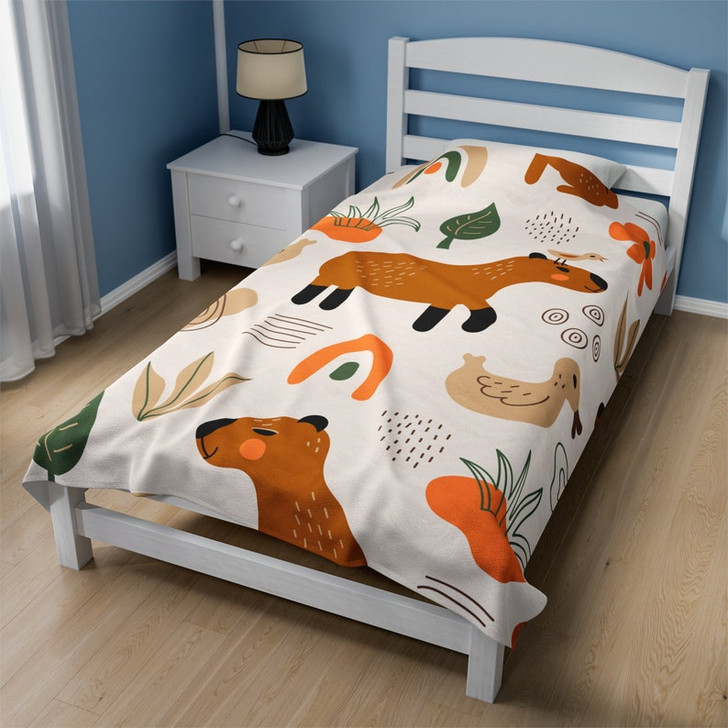 FUNSTUFFPRINT Capybara Plush Cozy Velveteen Blanket, Capybara Gift, Cottagecore Capybara Blanket, Gift for Capybara Lovers