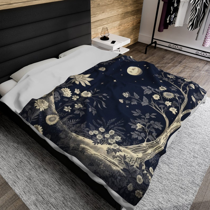 FUNSTUFFPRINT Cottagecore Celestial Moon Plush Fleece Blanket, Cozy Forest Botanical Throw Blanket, Cottagecore Aesthetic Decor, Floral Bedding