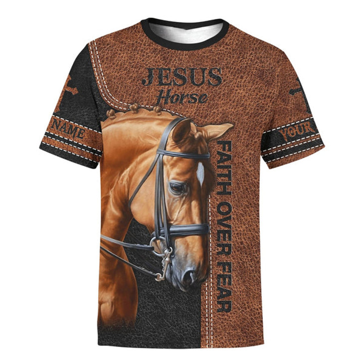 FUNSTUFFPRINT Faith Over Fear Jesus And Horse Customized Shirt - Christian 3d Shirts For Men Women - Custom Name T-Shirt 3D T-shirt