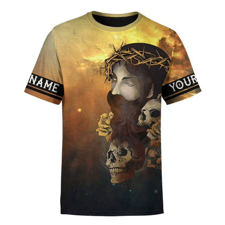 FUNSTUFFPRINT Faith Over Fear Jesus Skull Customized Shirt - Christian 3d Shirts For Men Women - Custom Name T-Shirt 3D T-shirt