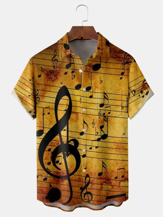 Music Element Fashion Print Beach Short Sleeve Shirt