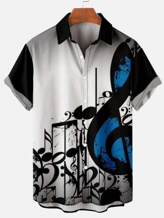 Men’s Music Note Color Block Casual Tribal Short Sleeve Hawaiian Shirt