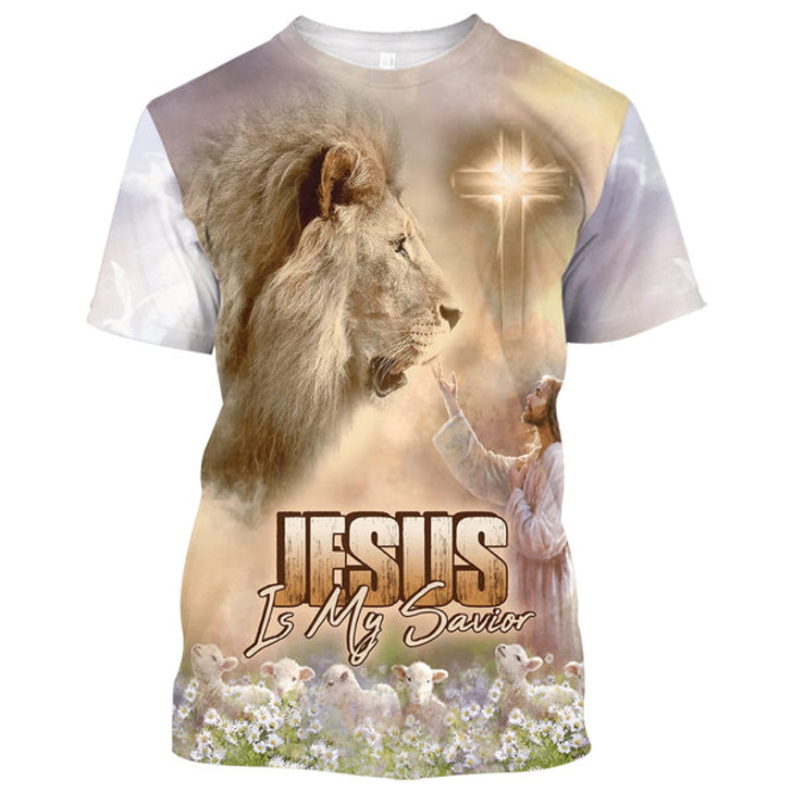 FUNSTUFFPRINT Jesus Is My Savior Lion And Cross 3d All Over Print Shirt - Christian 3d Shirts For Men Women 3D T-shirt