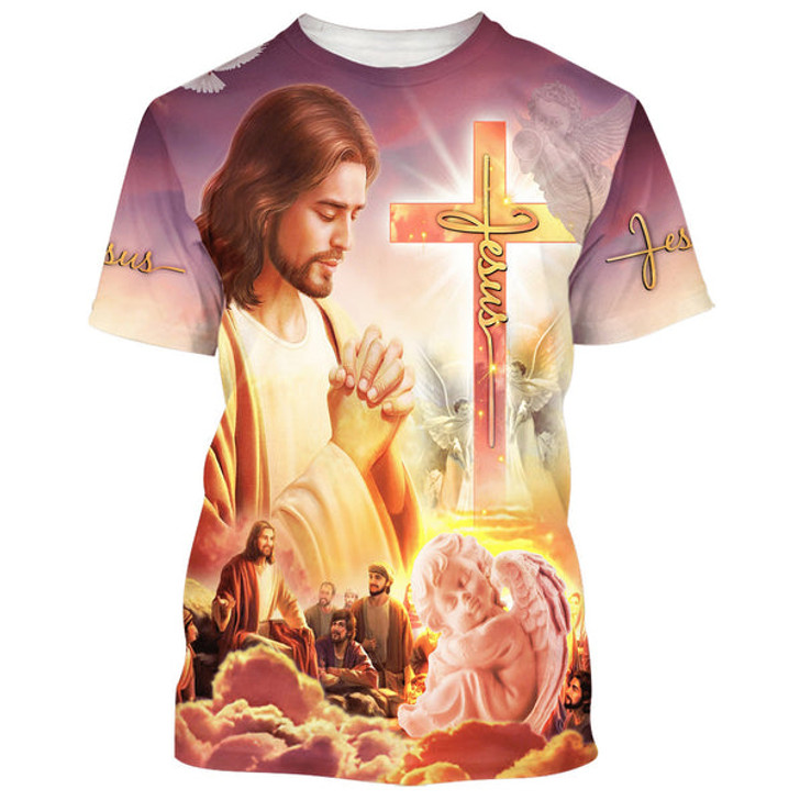 FUNSTUFFPRINT Jesus Pray 3d All Over Print Shirt - Christian 3d Shirts For Men Women 3D T-shirt