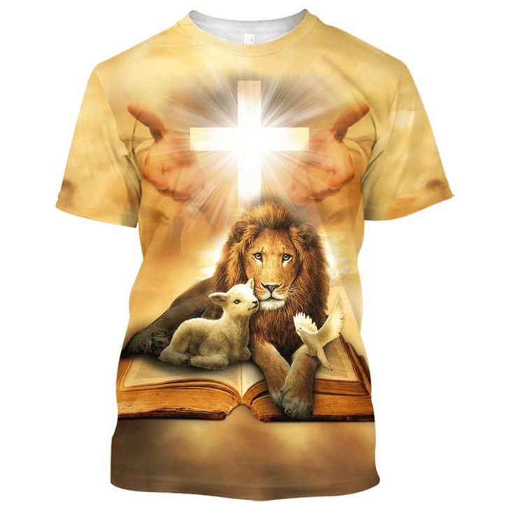 FUNSTUFFPRINT Lion Lamb And Dove 3d All Over Print Shirt - Christian 3d Shirts For Men Women 3D T-shirt