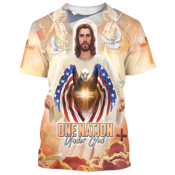 FUNSTUFFPRINT One Nation Under God Jesus Eagle American 3d All Over Print Shirt - Christian 3d Shirts For Men Women 3D T-shirt