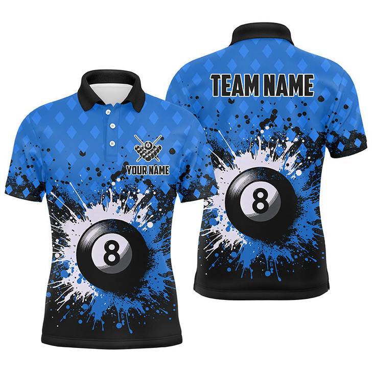 FUNSTUFFPRINT  Personalized Blue Grunge 8 Ball Pool Men Billiards   Polo Shirt Size S-5XL