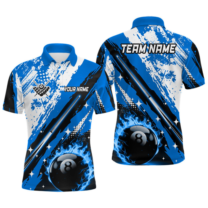 FUNSTUFFPRINT  Personalized Billiard Cue 8 Ball Pool Grunge Style Men  Polo Shirt Size S-5XL