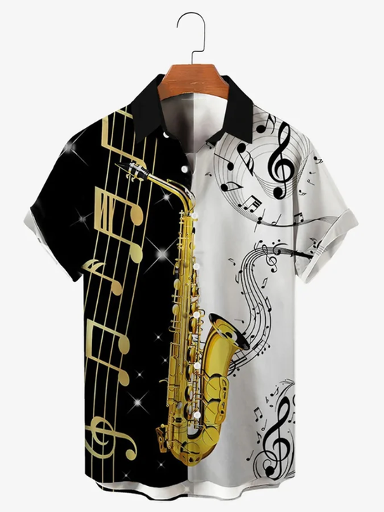 Casual Color Contrast Note Lapel Short Sleeve hawaiian Shirt for men and women