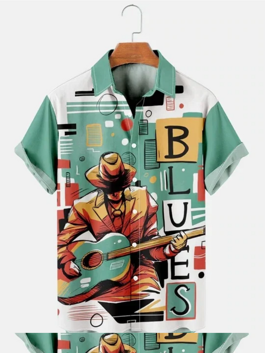 Men'S Casual Simple Blues Music Guitar Print Short Sleeve Hawaiian Shirt