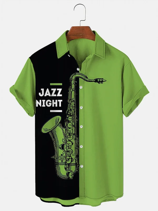 Fashionable Jazz Musical Instrument Print Color Contrast Men'S Shirt, Summer Gift For Women, Men
