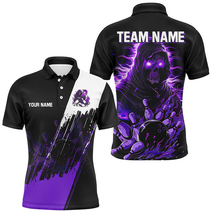 FUNSTUFFPRINT Black and Purple Skull reaper bowling  Polo Shirt Size S-5XL
