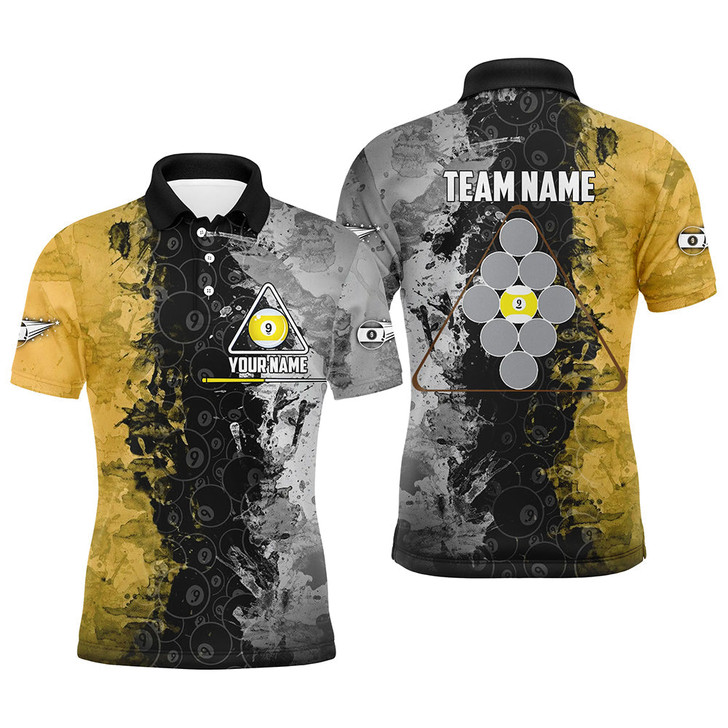 FUNSTUFFPRINT Personalized Yellow Black 9 Ball Pool Polo Shirts For Men, Custom Name Billiard 9 Ball Team  Polo Shirt Size S-5XL