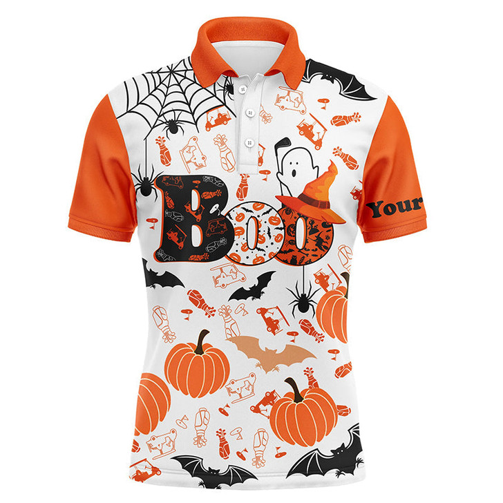 FUNSTUFFPRINT Boo Halloween Golf Pattern Orange Polo Shirt Custom Funny Golf Shirts For Men Golf Gifts  Polo Shirt Size S-5XL