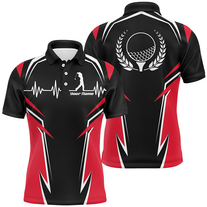 FUNSTUFFPRINT  Black Red Mens Golf Polo Shirts, Personalized Heartbeat Golf Shirts For Men  Polo Shirt Size S-5XL