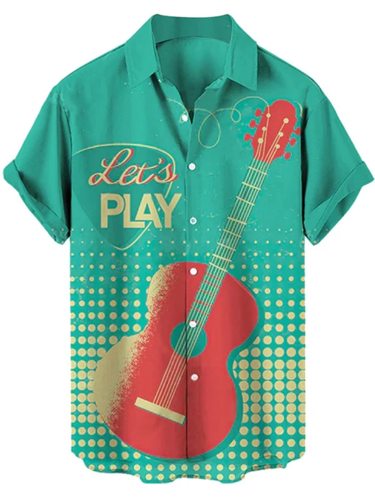 Men's Printed Cardigan Casual Lapel Short-sleeved hawaiian Shirt, Guitar hawaiian shirt, Summer Gift For Women, Men