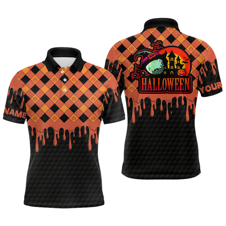 FUNSTUFFPRINT Halloween Mens Golf Polo Shirt, Custom Name Halloween Golf Shirts For Men, Funny Golf   Polo Shirt Size S-5XL