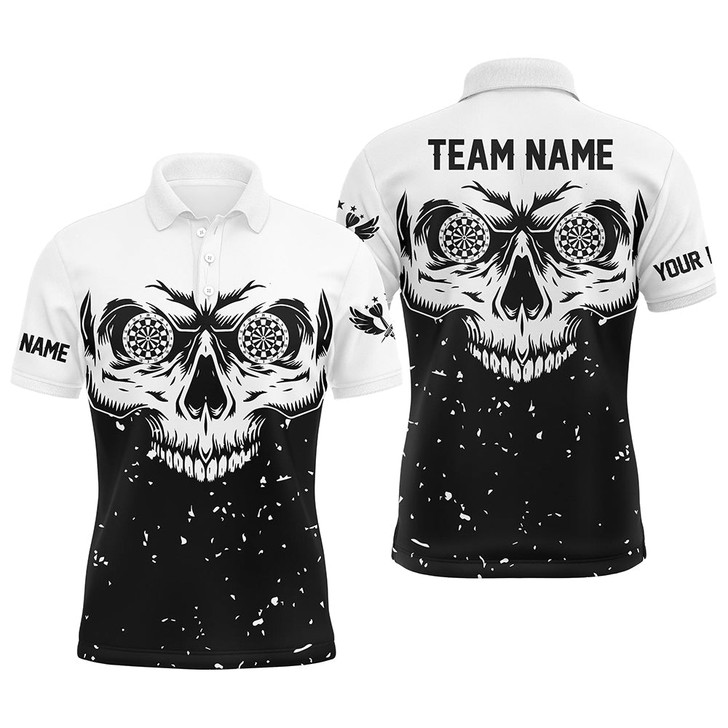 FUNSTUFFPRINT Custom Grunge Black White Skull Darts  Polo Shirt Size S-5XL