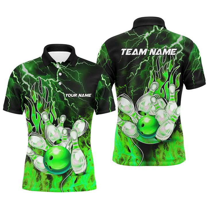 FUNSTUFFPRINT  Men Bowling Polo Shirt Custom green lightning thunder Bowling  Polo Shirt Size S-5XL