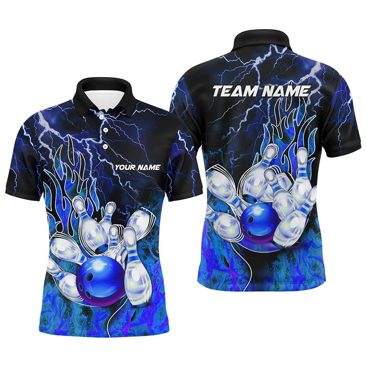 FUNSTUFFPRINT Men Bowling Polo Shirt Custom blue lightning thunder Bowling    Polo Shirt Size S-5XL