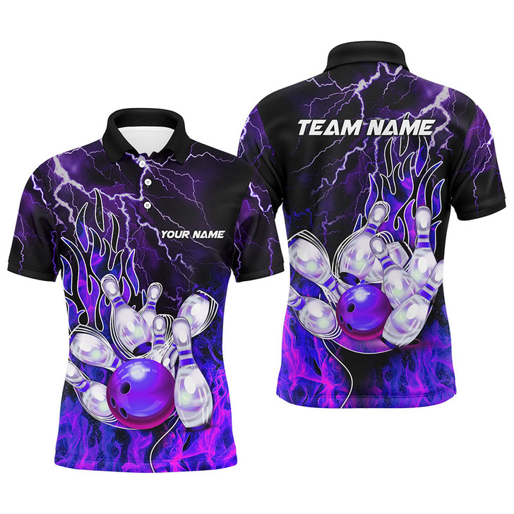 FUNSTUFFPRINT Men Bowling Polo Shirt Custom purple lightning thunder Bowling   Polo Shirt Size S-5XL