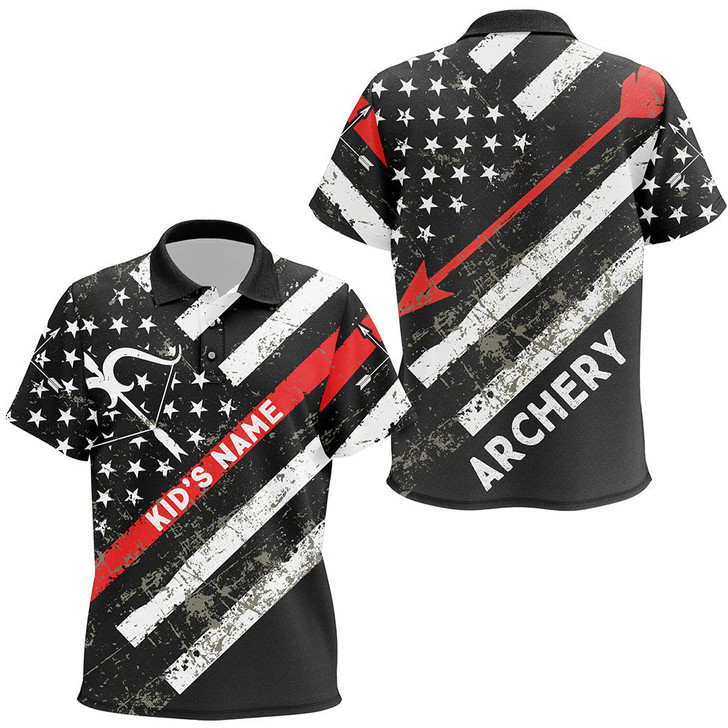 FUNSTUFFPRINT Personalized Grunge American Flag Bow Archery Polo Shirts For Kids, Custom Arrow Archery  Polo Shirt Size S-5XL