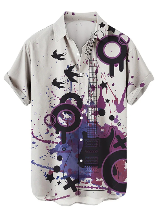 Men's Woven Printed Cardigan Casual Lapel Short-sleeved Hawaiian Shirt, music lover hawaiian shirt, Summer Gift For Women, Men