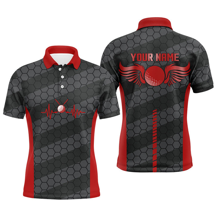 FUNSTUFFPRINT Red And Black Heartbeat Mens Golf Polo Shirts Personalized Golf Polos For Men  Polo Shirt Size S-5XL