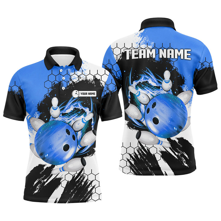 FUNSTUFFPRINT  Blue Flame bowling ball and pins jerseys Custom Team League Bowling Polo Shirts For Men Polo Shirt Size S-5XL