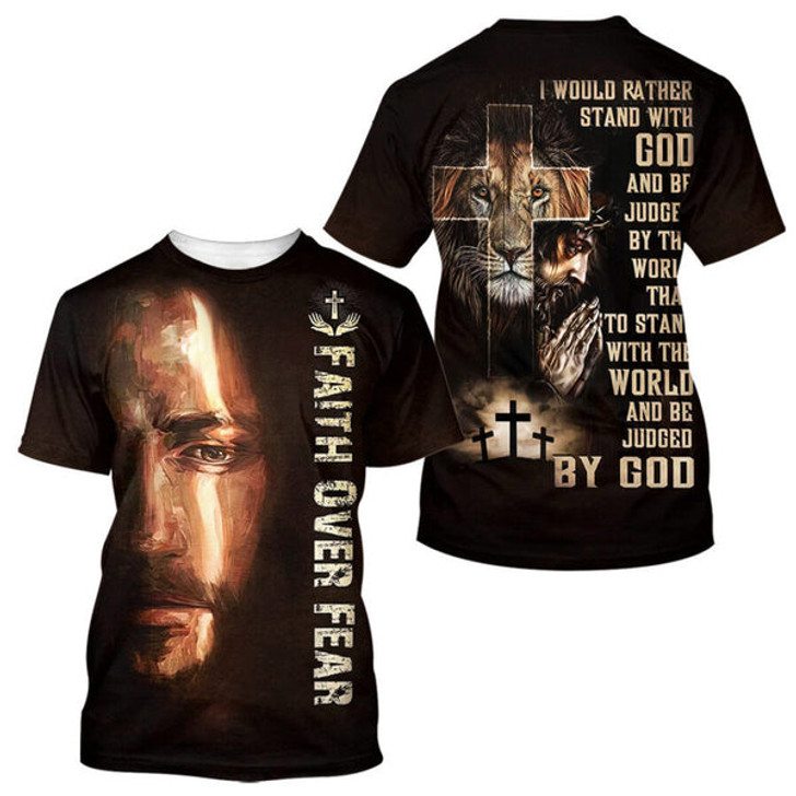 FUNSTUFFPRINT I Would Rather Stand With God Praying With Jesus Lion Of Judah 3d All Over Print Shirt - Christian 3d Shirts For Men Women 3D T-shirt