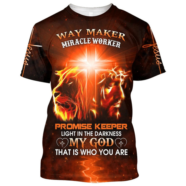 FUNSTUFFPRINT Jesus And Lion Way Maker Miracle Worker Promise Keeper Light 3d All Over Print Shirt - Christian 3d Shirts For Men Women 3D T-shirt