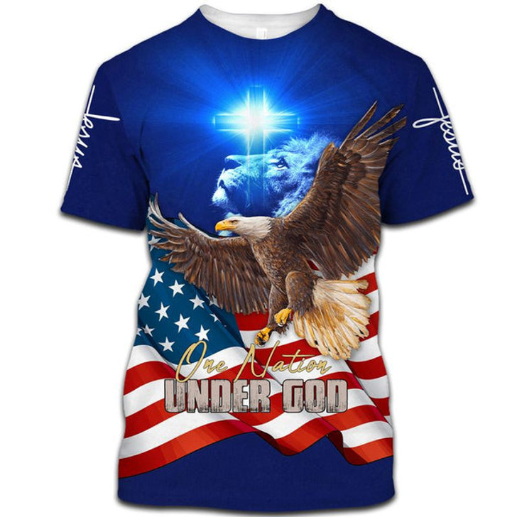 FUNSTUFFPRINT One Nation Under God Bald Eagle Lion Cross 3d Shirts - Christian T Shirts For Men And Women 3D T-shirt