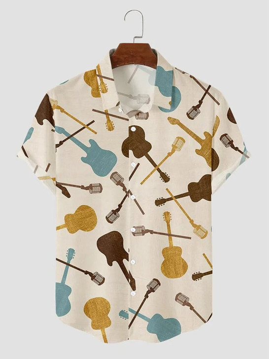 Men's Simple Music Guitar Print Casual Shirt, Hawaiian shirt for men