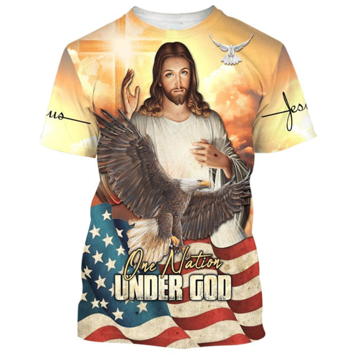 FUNSTUFFPRINT One Nation Under God Jesus Eagle American Flag 3d Shirts - Christian T Shirts For Men And Women 3D T-shirt